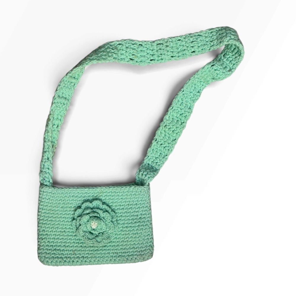 Handmade Mint Green Crochet Crossbody Bag 3D Flower Accent Boho Festival Style